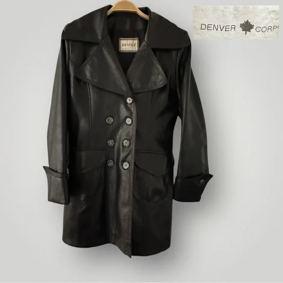 🛍️SALE🛍️ DENVER Corp. Vintage Faux Leather Double-breasted Trench Coat - Picture 4 of 10